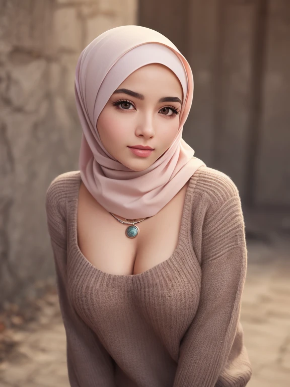 (Best quality, 8k, 32k, Masterpiece, UHD:1.2),Photo of Pretty hijab woman, large breasts, upper body, face focus,oversized_sweater, necklace, simple background, from above, looking at viewer,