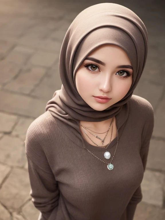 (Best quality, 8k, 32k, Masterpiece, UHD:1.2),Photo of Pretty hijab woman, large breasts, upper body, face focus,oversized_sweater, necklace, simple background, from above, looking at viewer,