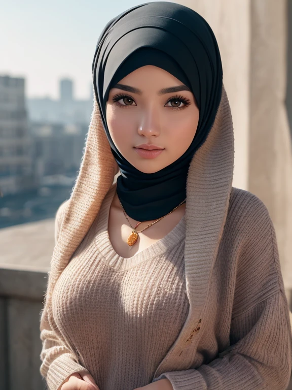 (Best quality, 8k, 32k, Masterpiece, UHD:1.2),Photo of Pretty hijab woman, large breasts, upper body, face focus,oversized_sweater, necklace, simple background, from above, looking at viewer,