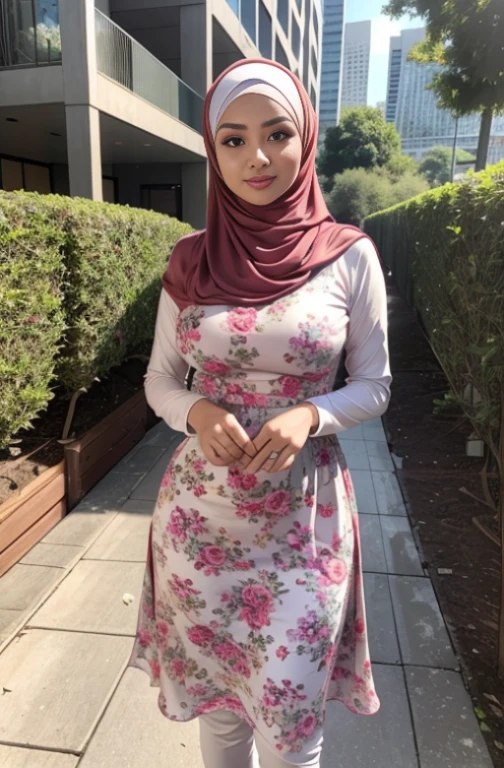 RAW, Best quality, high resolution, masterpiece: 1.3), beautiful Malay woman in hijab,Masterpiece, perfect slim fit body, (Huge breasts), big gorgeous eyes, Soft smile, Delicate turtleneck print sun dress, necklace, shairband, afternoon walk, City garden, Excellent lighting, Bright colors, Clean lines