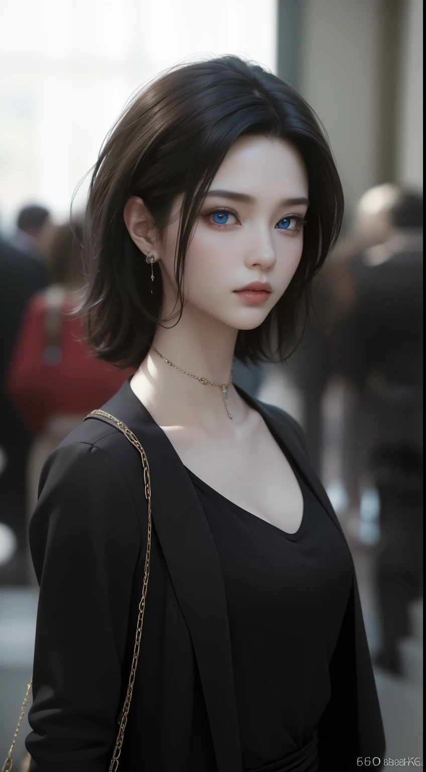 Beautiful big breastokeh), indoors, detailed luxury living room, gentle and charming beautiful goddess, Korean(kpop-idol), solo, necklace, oval face, double eyelids, smart, good hands, good feet, Natural, (from below angle), (glossy skin:1.05), ((low angle)), Perfect figure, (64k, UHD, RAW photo, best quality, masterpiece:1.4), (realistic, photo-realistic:1.37), ultra high res, photon mapping, radiosity, physically-based rendering, professional soft lighting, blue eyes, gothic style