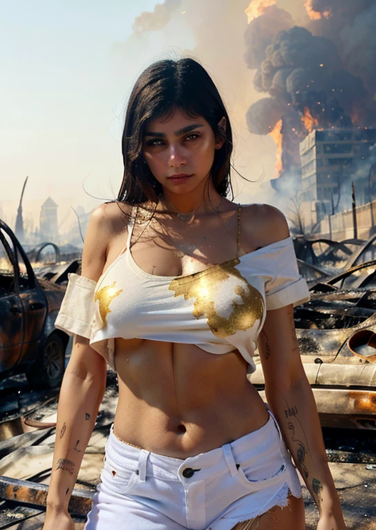 mulher sobrevivente de incendio no hawaii, 8k, super realista, super detalhes, fogo, cinzas, pele suja, olhar triste, hawaiana, short jeans, e camiseta preta