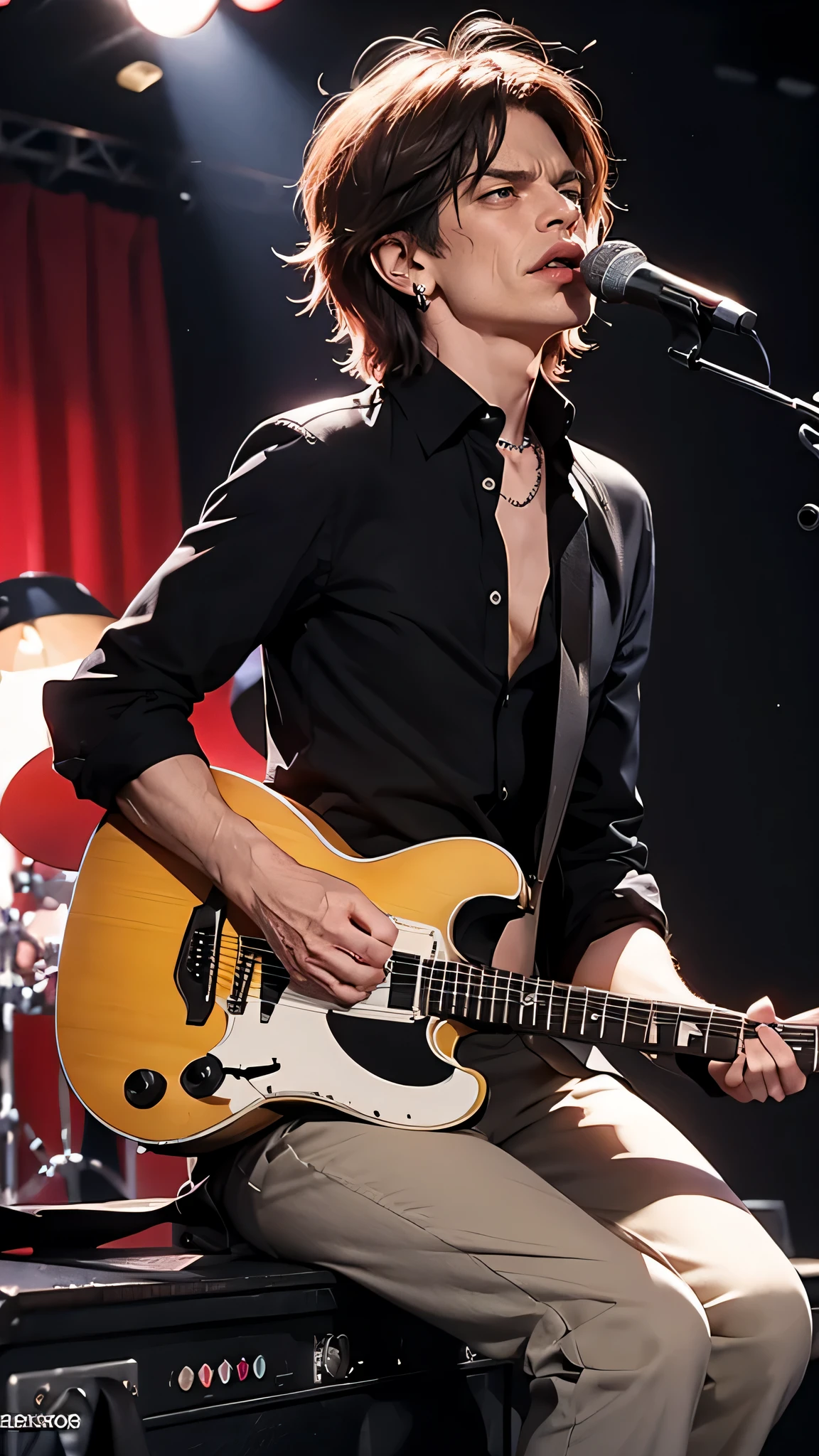 Mick Jagger, rolling stones pop star singing on stage, 8k, uhd, movimentando os labios CANTANDO, ROUPA DE ROCK, CORRIGIR MAO ESQUERDA, repair face,detailed face