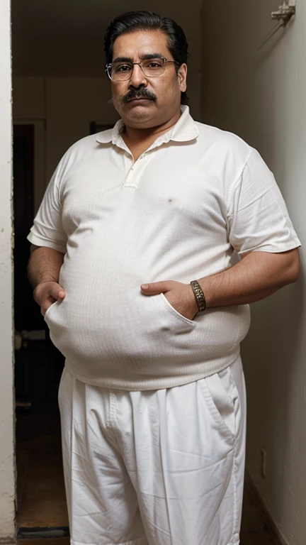 Fat indian oldman, fat body, obese, double chin, full white moustache, full white short hair, he is about 90 years old, standing