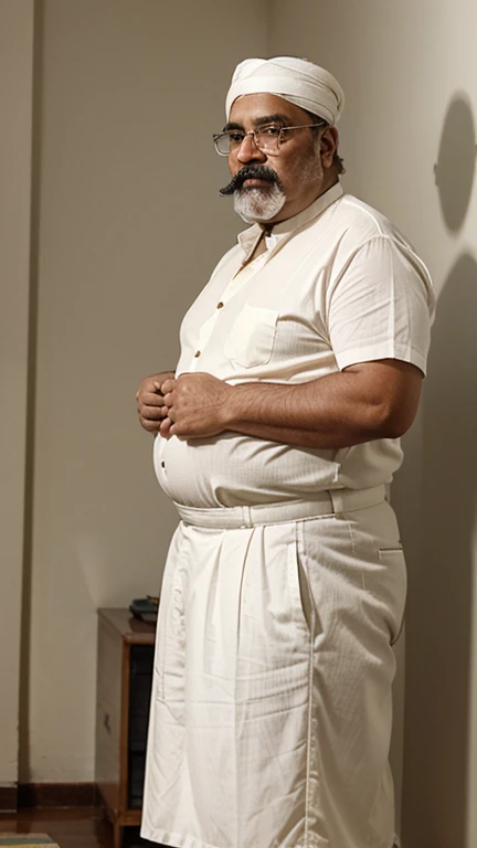 Fat indian oldman, fat body, obese, double chin, full white moustache, full white short hair, he is about 90 years old, standing