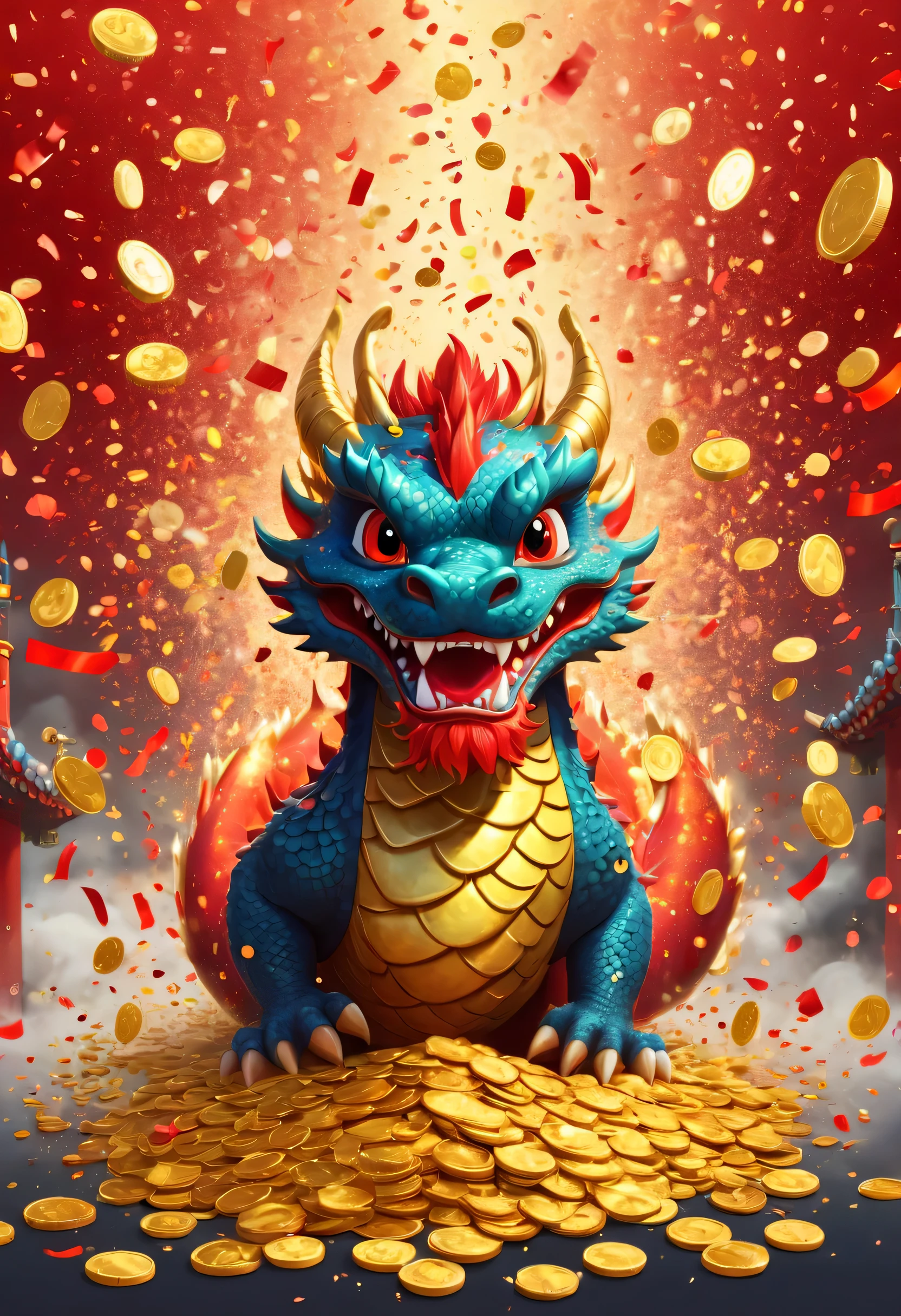 Chinese illustration：Lovely，Oriental dragon portrait，big furry head，hairy body，color。Many gold coins burst out from firecrackers，Red and gold confetti flying in the sky，Gold coin rain，A strong festive atmosphere，It was very lively。