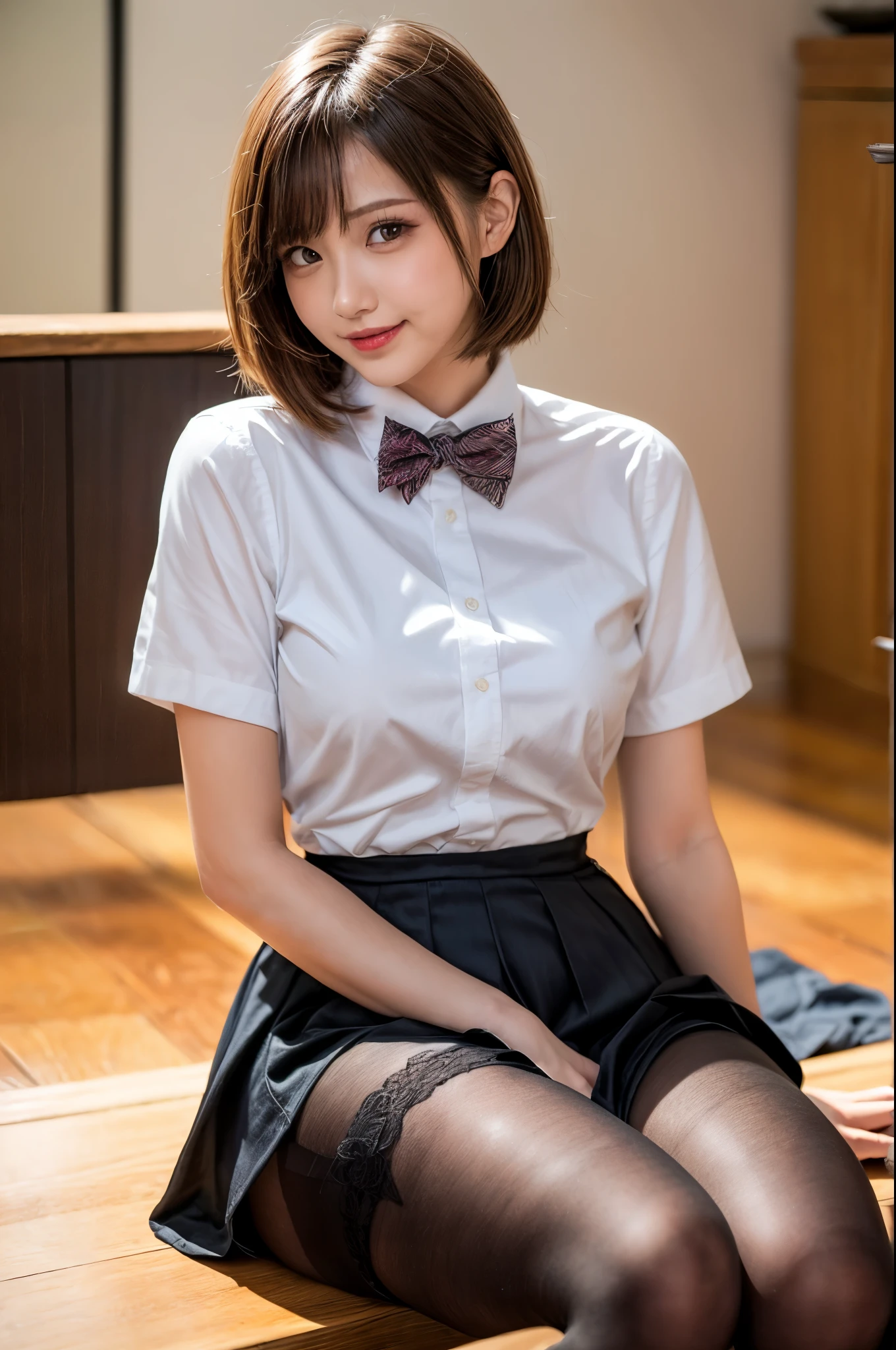 ulzzang-6500-v1.1, (RAW photo:1.2), (realistic), (8K, highest quality, masterpiece:1.2), (software:1.3), (realistic, photo-realistic:1.37), super detailed, 1 girl,cute, alone,beautiful and detailed sky,Detailed cafe,night,sitting,date,(blush your nose),(smile:1.1),(closed mouth) medium breasts,beautiful and fine eyes,(collared shirt:1.1), bow tie,pleated skirt, (super realistic pantyhose:1.2)、(short hair:1.2),floating hair,exposed thighs!!!