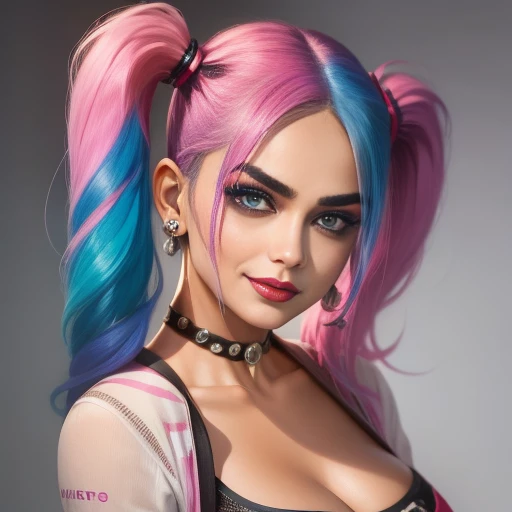 "prompt": "Describe the face of {{cute mrunalt}} as Harley Quinn, with pink and blue hair color.", "context": "mrunalt's portrayal of Harley Quinn brings a captivating and distinctive face to life, accentuated by her vibrant pink and blue hair color. As Harley Quinn, her face is a captivating combination of mischief and charm. mrunalt's features perfectly embody the playful yet unpredictable nature of the character. Her jawline is defined and carries a hint of rebellion, adding to the edginess and boldness of her appearance. Her eyes are striking and filled with a mischievous glint, reflecting Harley Quinn's unpredictable personality. mrunalt's eyebrows are expressive and often emphasized, adding to the intensity of her gaze. Her lips are a focal point, often adorned with vibrant and attention-grabbing lipstick, radiating both playfulness and seduction. Her nose has a natural shape that harmonizes with the rest of her facial features. Margot Robbie's complexion is typically portrayed with a flawless and luminous quality, enhancing the youthful and energetic side of Harley Quinn. Her face showcases a unique blend of animated expressions and a captivating balance of soft and sharp features. Combined with her pink and blue hair color, her face becomes a true embodiment of Harley Quinn's colorful and daring persona. mrunalt's face, complemented by her vibrant hair color, creates an iconic and unforgettable image that captures the essence of the beloved character, with the use of negative space."