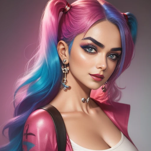 "prompt": "Describe the face of {{cute mrunalt}} as Harley Quinn, with pink and blue hair color.", "context": "mrunalt's portrayal of Harley Quinn brings a captivating and distinctive face to life, accentuated by her vibrant pink and blue hair color. As Harley Quinn, her face is a captivating combination of mischief and charm. mrunalt's features perfectly embody the playful yet unpredictable nature of the character. Her jawline is defined and carries a hint of rebellion, adding to the edginess and boldness of her appearance. Her eyes are striking and filled with a mischievous glint, reflecting Harley Quinn's unpredictable personality. mrunalt's eyebrows are expressive and often emphasized, adding to the intensity of her gaze. Her lips are a focal point, often adorned with vibrant and attention-grabbing lipstick, radiating both playfulness and seduction. Her nose has a natural shape that harmonizes with the rest of her facial features. Margot Robbie's complexion is typically portrayed with a flawless and luminous quality, enhancing the youthful and energetic side of Harley Quinn. Her face showcases a unique blend of animated expressions and a captivating balance of soft and sharp features. Combined with her pink and blue hair color, her face becomes a true embodiment of Harley Quinn's colorful and daring persona. mrunalt's face, complemented by her vibrant hair color, creates an iconic and unforgettable image that captures the essence of the beloved character, with the use of negative space."