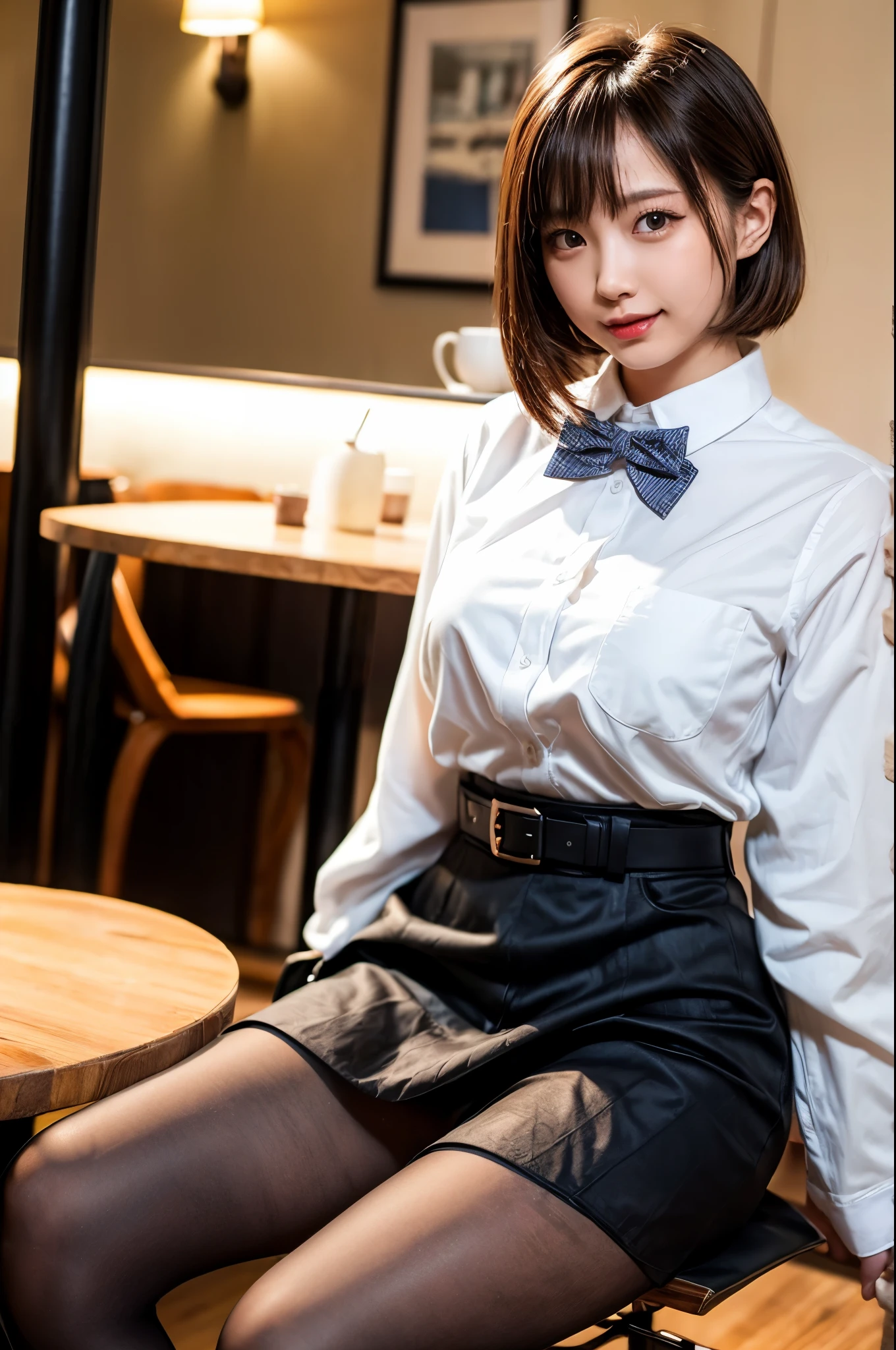ulzzang-6500-v1.1, (RAW photo:1.2), (realistic), (8K, highest quality, masterpiece:1.2), (software:1.3), (realistic, photo-realistic:1.37), super detailed, 1 girl,cute, alone,beautiful and detailed sky,Detailed cafe,night,sitting,date,(blush your nose),(smile:1.1),(closed mouth) medium breasts,beautiful and fine eyes,(collared shirt:1.1), bow tie,pleated skirt, (super realistic pantyhose:1.2)、(short hair:1.2),floating hair,exposed thighs!!!