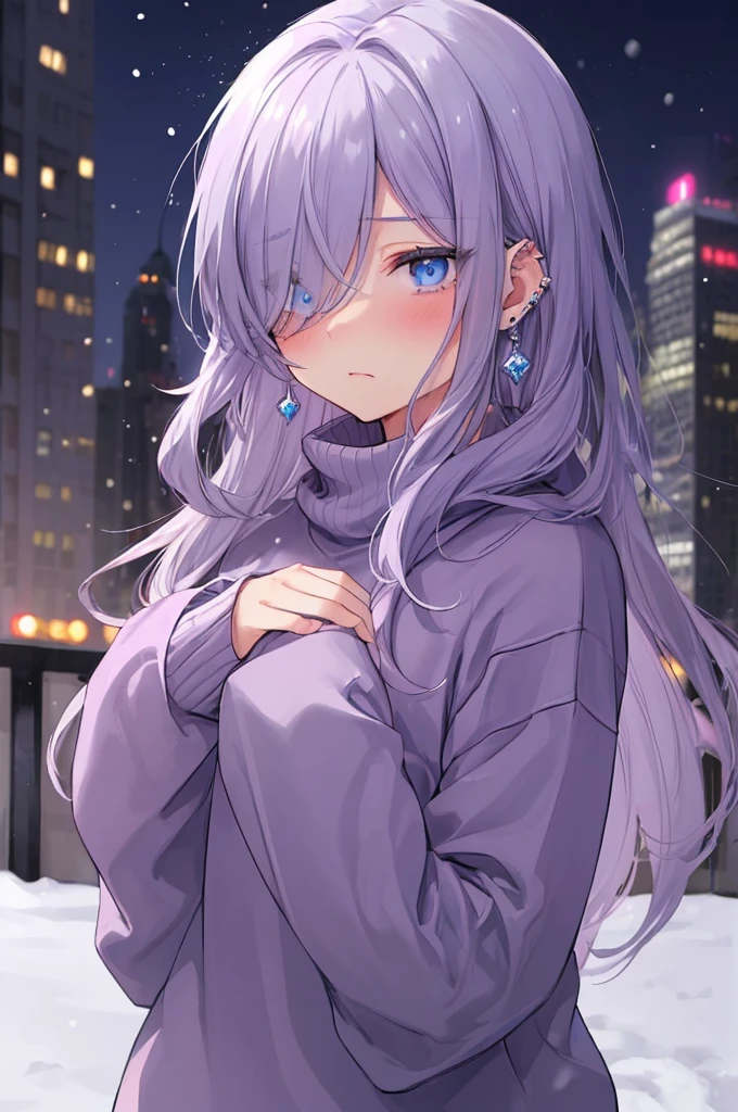 ((masterpiece:1.4, best quality:1.2)), 1girl, solo focus, beautiful skin, blush, grey sweatshirt, long Violet hair, blue eyes, earrings, Hands piercing, night, snowing, cityscape, tall female, beautiful and delicate female, comfy ambience, {detailed background}, hair over one eye, shy, sexy female genitalia
