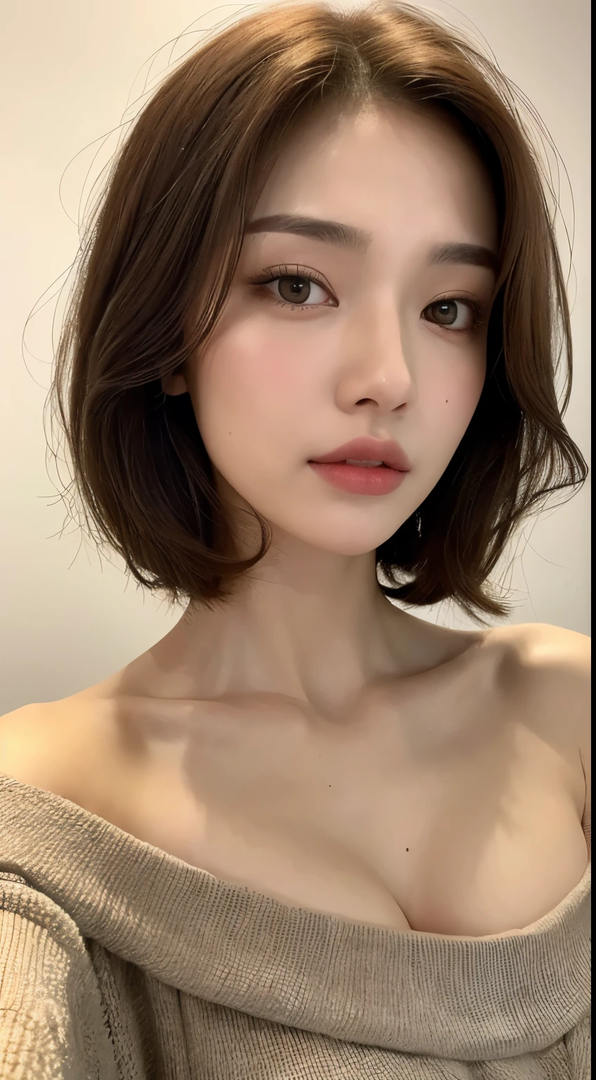 realistic light, highest quality, 8K, masterpiece: 1.3 girls 1 person, beauty of slim body: 1.4, brown hair, (big: 1.3), off shoulder cut top: 1.3, super detailed face, fine eyes, double eyelid, cleavage