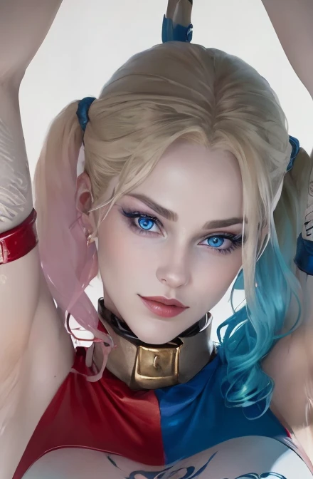 Close-up of a woman dressed in blue and red, extremely detailed Art germ, portrait of Harley Quinn, Most models | Art germ, of Harley Quinn, Art germ. high detal, trending Art germ, Harley Quinn, ! dream Art germ, drawn in the style of Art germ, [ 4K digital art ]!!，(a woman with) beautiful detailed blue eyes, golden hair, in a glamorous pose, (showcasing) the artistic embryo (of a masterpiece), (with) high-resolution details, (capturing) the essence of Art Nouveau, (in a) portrait (created by a skilled) graphic artist, (with) intricate (and) delicate (features), (embodying) the beauty of the artistic embryo, (crafted) in the highest quality (with) 4K resolution, (exuding a) style (that is) reminiscent of the Art Nouveau movement.Clown Girl