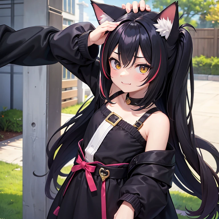 score_9, score_8_up, score_7_up, score_6_up, score_5_up, score_4_up, source_anime, 1girl, cat ears, cat tail, streaked hair, young, cute, smug, standing, male pov, headpat, hand on another's head, outdoors, detailed background