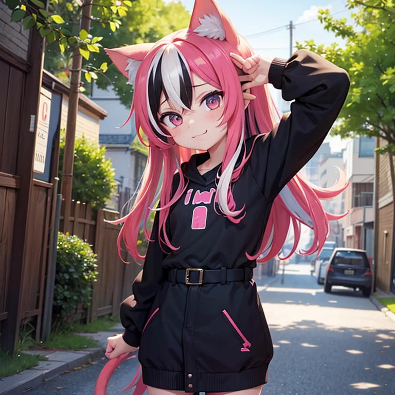 score_9, score_8_up, score_7_up, score_6_up, score_5_up, score_4_up, source_anime, 1girl, cat ears, cat tail, streaked hair, young, cute, smug, standing, male pov, headpat, hand on another's head, outdoors, detailed background