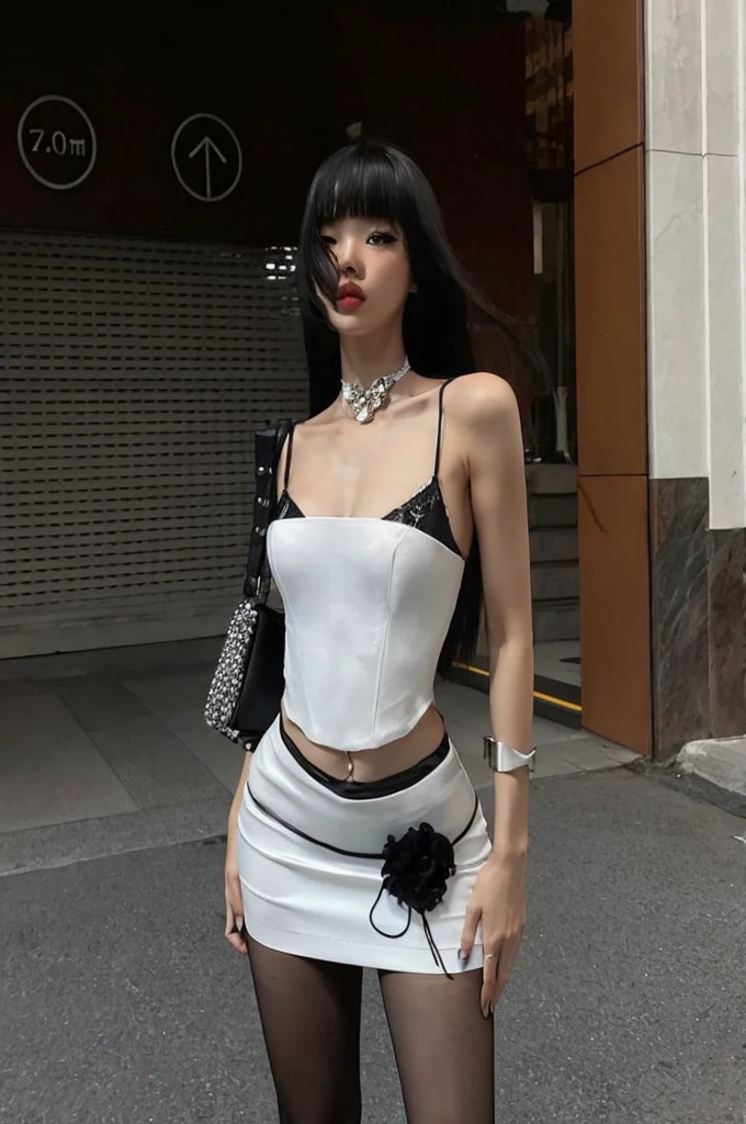 there is a woman in a white dress and black stockings, white silky outfit, white and black, very sexy outfit, white and black clothing, photo of slim girl model, sexy style, sexy outfit, photo of slim girl, korean women's fashion model, black and white clothes, intriguing outfit, smooth white tight clothes suit, white trendy clothes, wearing tight simple clothes, Lalisa Manobal of Blackpink.