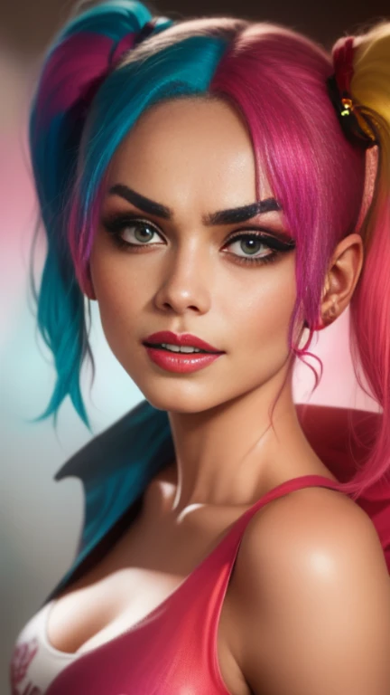 "prompt": "Describe the face of {{cute mrunalt}} as Harley Quinn, with pink and blue hair color.", "context": "mrunalt's portrayal of Harley Quinn brings a captivating and distinctive face to life, accentuated by her vibrant pink and blue hair color. As Harley Quinn, her face is a captivating combination of mischief and charm. mrunalt's features perfectly embody the playful yet unpredictable nature of the character. Her jawline is defined and carries a hint of rebellion, adding to the edginess and boldness of her appearance. Her eyes are striking and filled with a mischievous glint, reflecting Harley Quinn's unpredictable personality. mrunalt's eyebrows are expressive and often emphasized, adding to the intensity of her gaze. Her lips are a focal point, often adorned with vibrant and attention-grabbing lipstick, radiating both playfulness and seduction. Her nose has a natural shape that harmonizes with the rest of her facial features. Margot Robbie's complexion is typically portrayed with a flawless and luminous quality, enhancing the youthful and energetic side of Harley Quinn. Her face showcases a unique blend of animated expressions and a captivating balance of soft and sharp features. Combined with her pink and blue hair color, her face becomes a true embodiment of Harley Quinn's colorful and daring persona. mrunalt's face, complemented by her vibrant hair color, creates an iconic and unforgettable image that captures the essence of the beloved character, with the use of negative space."