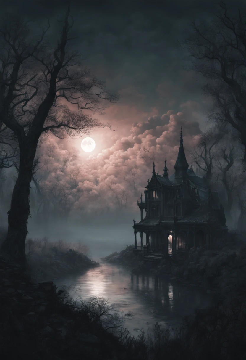 (best quality,4k,8k,highres,masterpiece:1.2),ultra-detailed,(realistic,photorealistic,photo-realistic:1.37),Endless Night,hyperdetailed,double exposure,fantasy,Richard Anderson style,Gris Grimly style,Norman Ackroyd style,dark atmosphere,ethereal,moonlit sky,ominous shadows,haunting silhouette,enchanted forest,mythical creatures,gothic architecture,mysterious fog,stars shining,glowing moon,wispy clouds,magical aura,eerie color palette,contrasting lights and darks,moonlight reflecting on water,surreal landscape,dreamlike ambiance