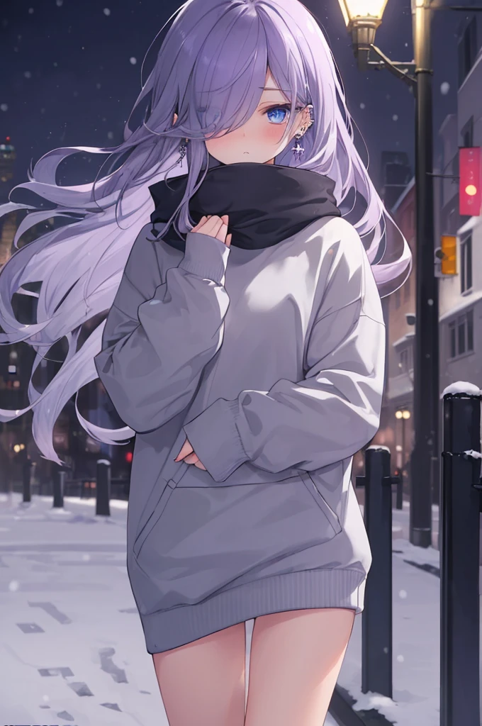 ((masterpiece:1.4, best quality:1.2)), 1girl, solo focus, beautiful skin, blush, grey sweatshirt, long Violet hair, blue eyes, earrings, Hands piercing, night, snowing, cityscape, tall female, beautiful and delicate female, comfy ambience, {detailed background}, hair over one eye, shy, sexy female genitalia