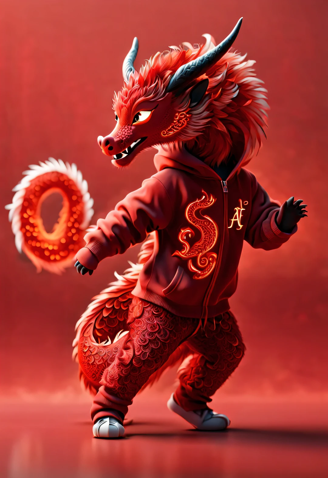 3d rendering, realistic fur, red wallpaper, Simple modern style, beautiful wallpaper, Naughty red and orange zodiac dragon baby dancing mischievously, looking at camera, Beijing, 🦑 design, (Wearing an embroidered hoodie), (Lettering printed on hoodie "Haiyi Artificial Intelligence": 1.37)