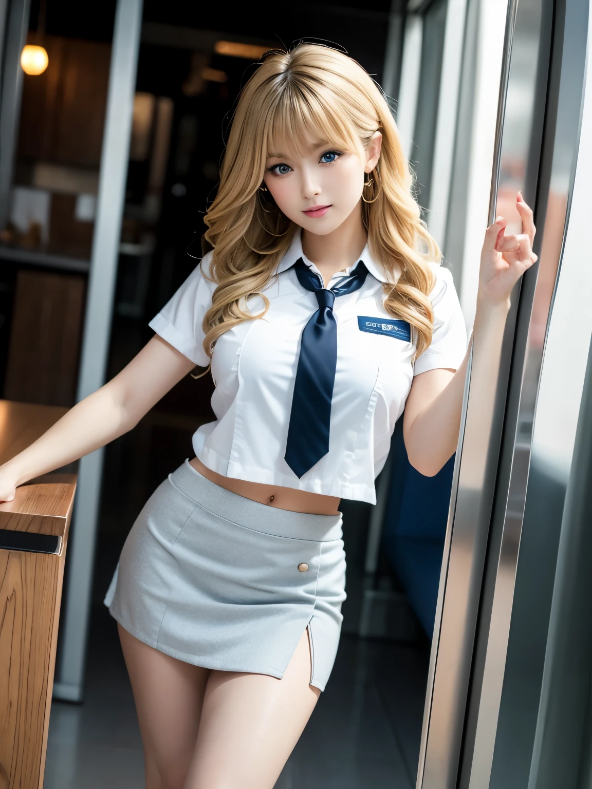 (table top:1.3, Photoreal:1.4, 8K), highest quality, masterpiece, ultra high resolution, perfect dynamic composition, big face、round face、((blonde hair:1.8、curly hair))、Highly detailed skin and facial textures:1.3, Detail of limbs, 1 girl, Cute sexy 22 year old woman, (tanned skin:1.2), tilt one&#39;s head, ((completely enchants you:0.9)), ((Black flight attendant uniform、tight mini skirt)),Medium chest, (Eyes Apart、beautiful eyes, blue eyes、Eyes that feel beautiful eros:0.85), sexy face:0.4, (closed mouth、small mouth、thick lips、A taste of beautiful eroticism:0.85), ((Too cute beauty:0.9))、gal makeup、Standing position、((full body shot)), beautiful feet