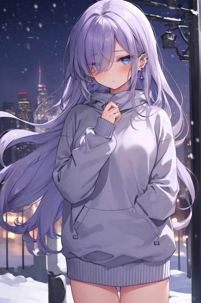 ((masterpiece:1.4, best quality:1.2)), 1girl, solo focus, beautiful skin, blush, grey sweatshirt, long Violet hair, blue eyes, earrings, Hands piercing, night, snowing, cityscape, tall female, beautiful and delicate female, comfy ambience, {detailed background}, hair over one eye, shy, sexy female genitalia