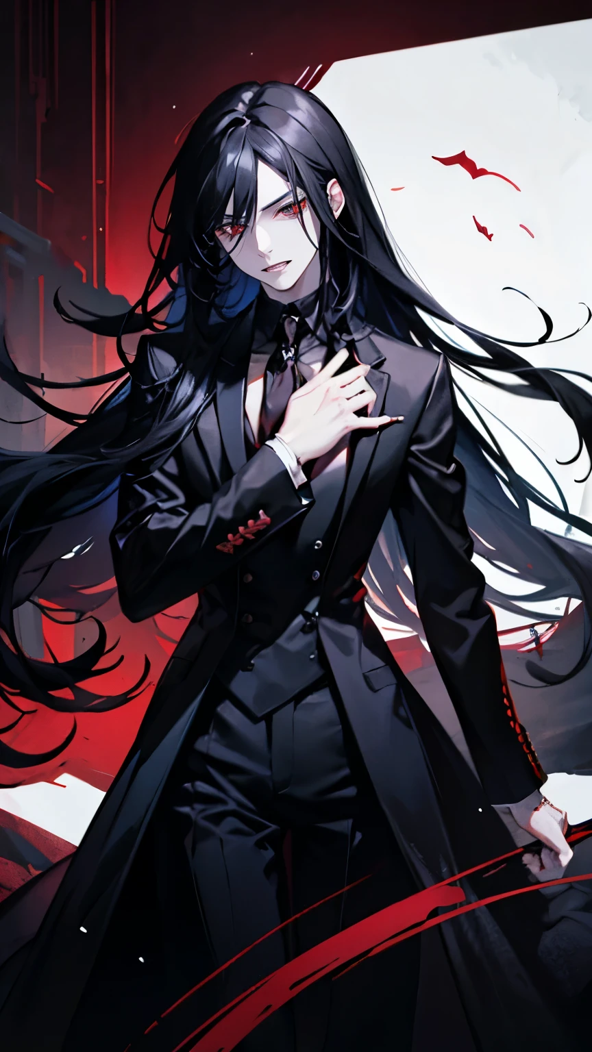 (best quality), 1man,Masculinity,One with long black hair,red eyes,vampire,Open your mouth to show your fangs,Gorgeous dark atmosphere, Wear a black suit,late night