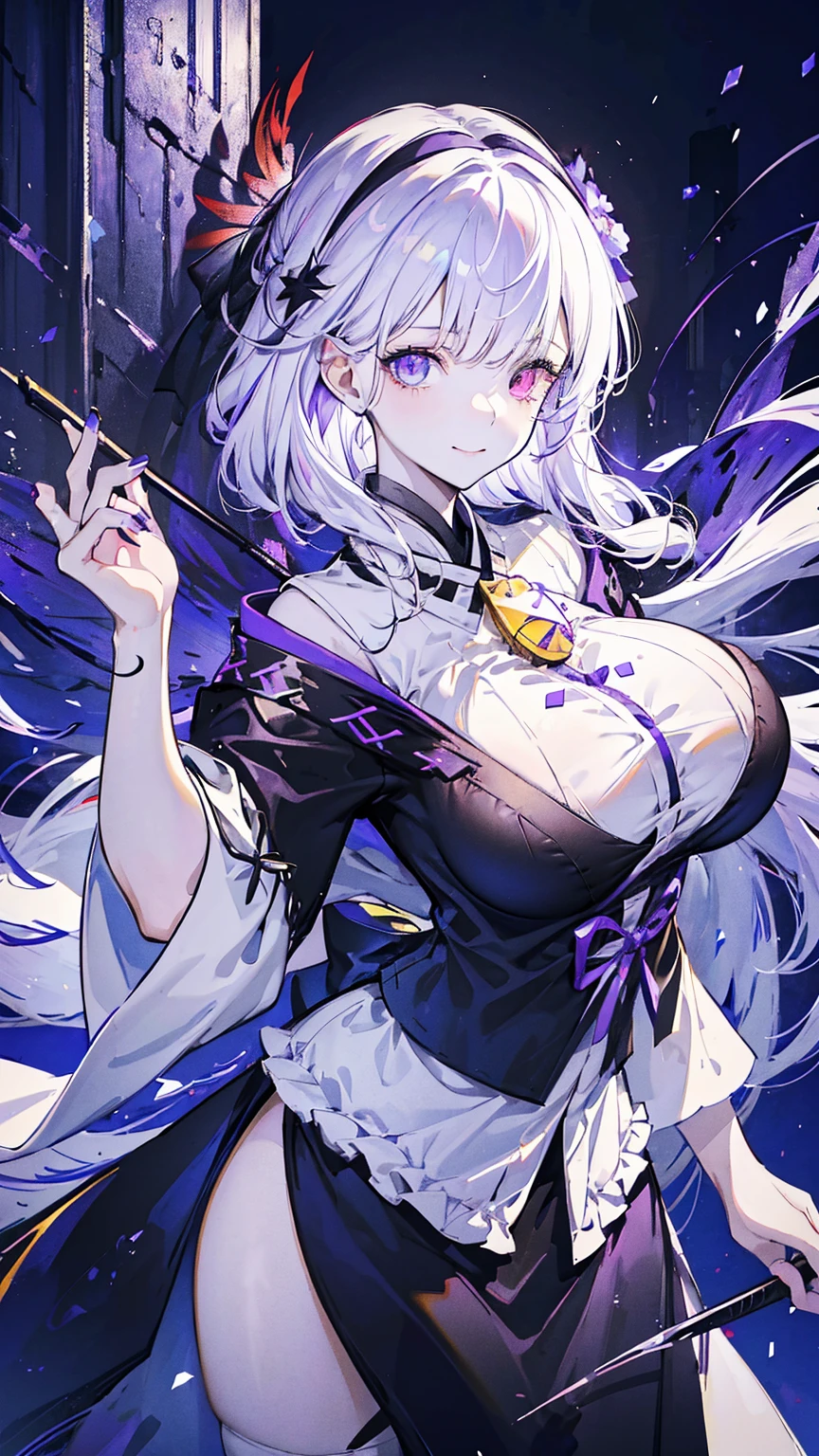 ((masterpiece:1.4,best quality)),(Super detailed),(Extremely detailed eyes),(black leggings,Shiny socks:1.5),Hello Darkness
((Sexy Girl,Large Breasts)),(Blood-red pupils,Diamond-shaped pupil:1.15),Purple Eyeshadow,(elongated hair,Thick hair,shiny hair:1.5)(By changing:1.2),White skin,tilt head to one side,kneel
(She wears blue armor,Tight cheongsam,:1.5),Very long plush sleeves,White,White Cloud,Dream bubbles ,Ice and glitter effects
(Black long skirt:1.1),
(dawn:1.2),
(Intense black and white:1.16),(Depth of Field:1.4),,Intricate details,(Castle in the Sky,Standing by the lake,Purple flowers by the lake)