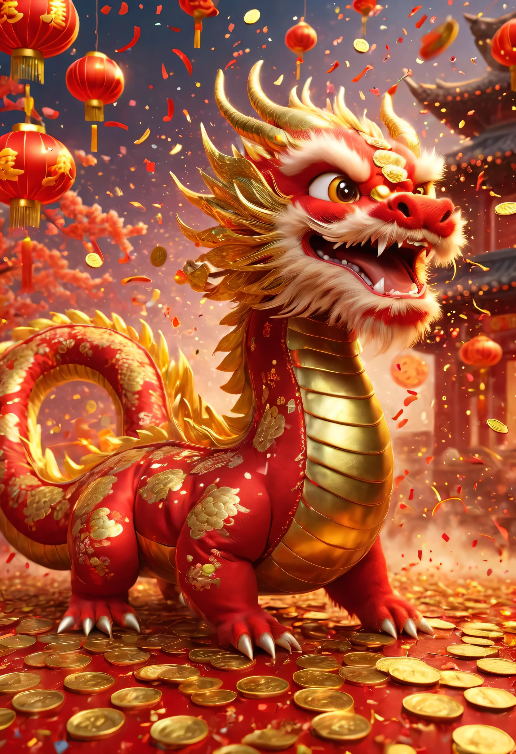 Chinese Lunar New Year has arrived， oriental dragon，hairy body，Warm，Many gold coins burst out from firecrackers，Red and gold confetti flying in the sky，Gold coin rain，A strong festive atmosphere，It was very lively。