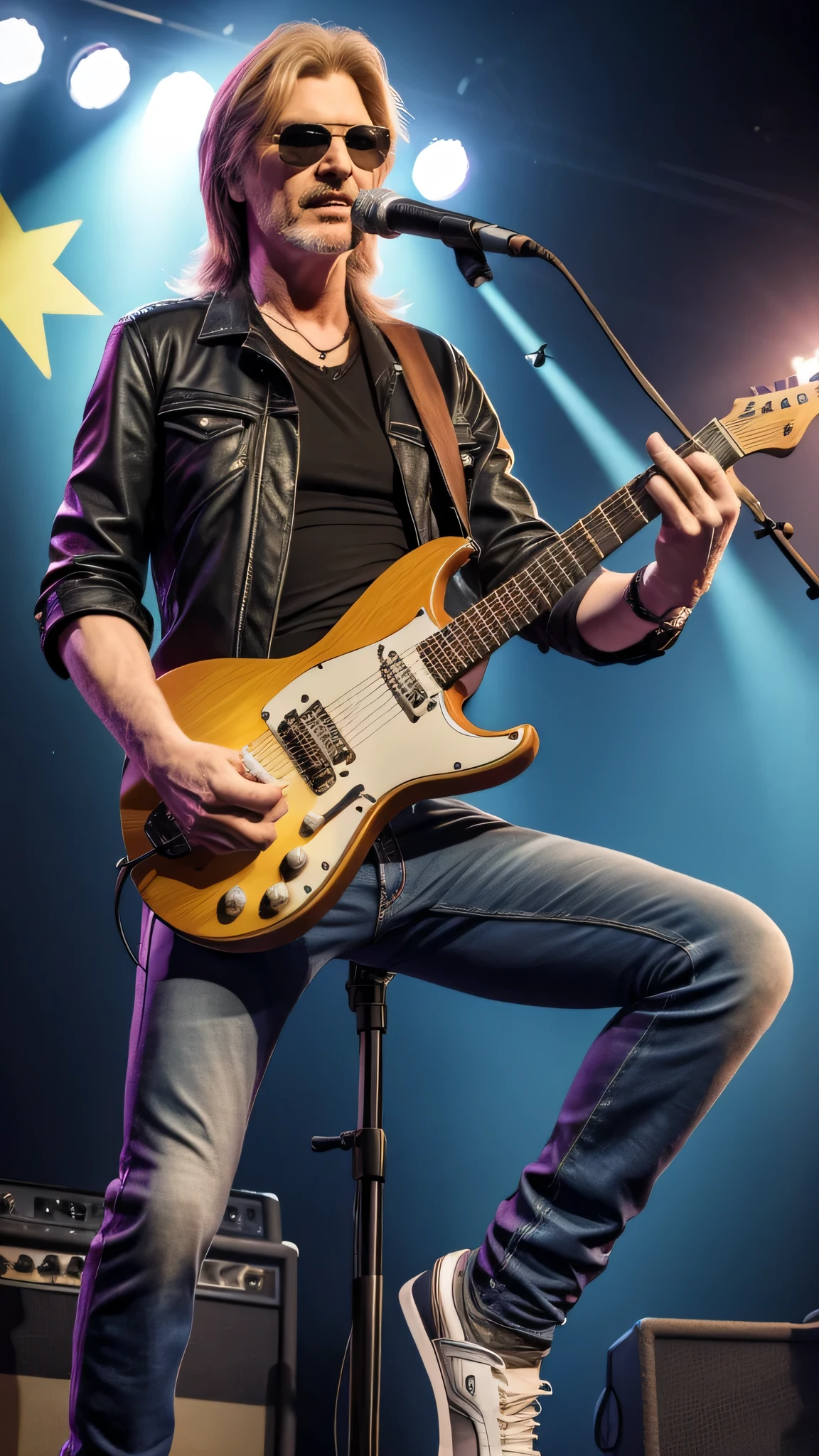 DARYL HALL pop star lead guitar, playng eletric guitar , 8k, udh, alta quidade de semelhanca, mais jovem, fix double guitar, idade 30 anos, show one guitar only, mostrar dedos da mao esquerda dedilhando as cordas da guitarra eletrica
