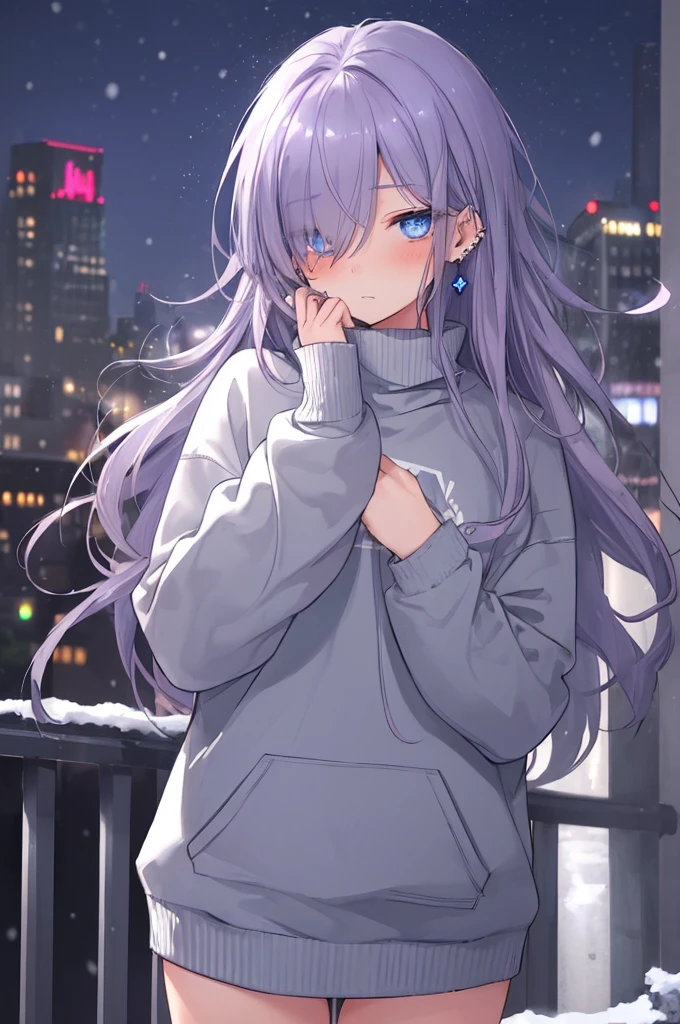 ((masterpiece:1.4, best quality:1.2)), 1girl, solo focus, beautiful skin, blush, grey sweatshirt, long Violet hair, blue eyes, earrings, Hands piercing, night, snowing, cityscape, tall female, beautiful and delicate female, comfy ambience, {detailed background}, hair over one eye, shy, sexy female genitalia