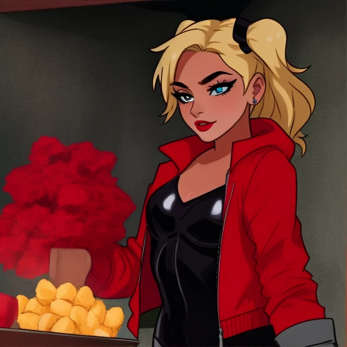 a woman in a white top and a red jacket, harley quinn, of harley quinn, harley queen, portrait of harley quinn, film still of harley quinn, emma watson as harley quinn, harley quinn standing, dinah drake, emma watson is harley quinn, margot robbie as harley quinn, quinn, gal gadot as harley quinn, selina, brittney lee
