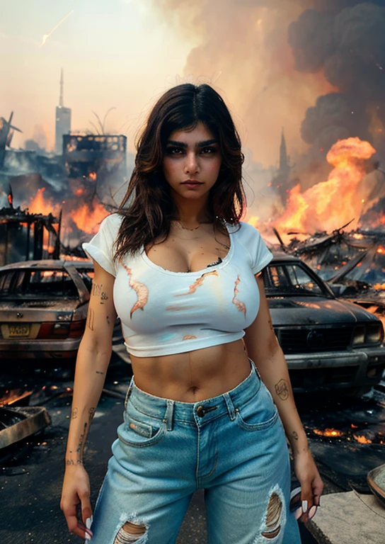 (((miak))), photograph of a sexy young woman, with a seductive breast, big breast, long messy hair, extremely beautiful and attractive, dressed in basic torn white t-shirt, torn tight jeans ((in front of a city devastated by fire)), (monsters of stones fighting in the background), (dark sky), full shot, real pose and attitude.