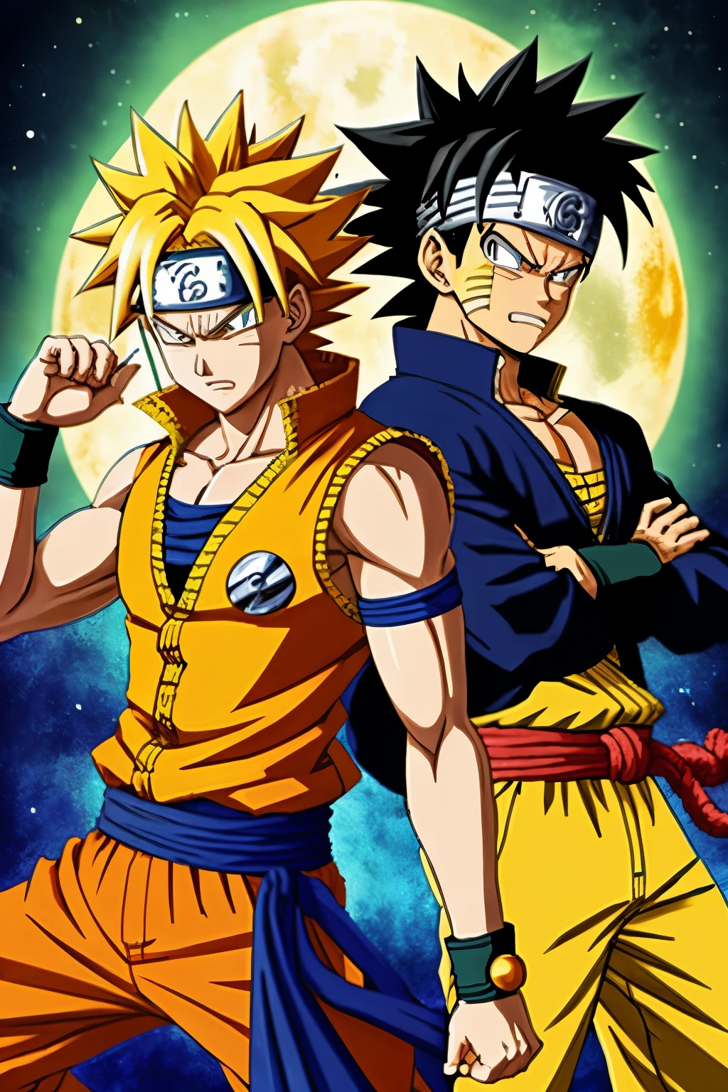 Create a fusion of Naruto Uzumaki from the anime Naruto and Kakaroto from the anime Dragon Ball Z, and add Monkey D. Luffy from One Piece into the mix --s2

A breathtaking fusion image of Naruto Uzumaki and Kakaroto, two iconic characters from the popular anime series Naruto and Dragon Ball Z respectively. Naruto shows his signature orange jumpsuit with the ninja forehead protector, while fused with Kakaroto, he displays the Super Saiyan aura, golden hair, and powerful muscular build. Monkey D. Luffy, the rubber man from One Piece, adds his characteristic straw hat and z