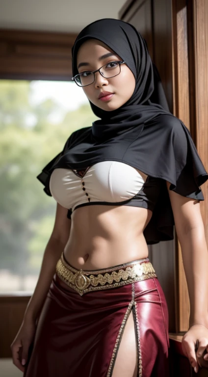 cowboy_pose,naughty, (iu:0.8),cleavage, RAW, Best quality, high resolution, Masterpiece: 1.3, Beautiful glasses pearl_skinned sexy hijabi javanese teen dressed as hooters, Masterpiece, Soft smile