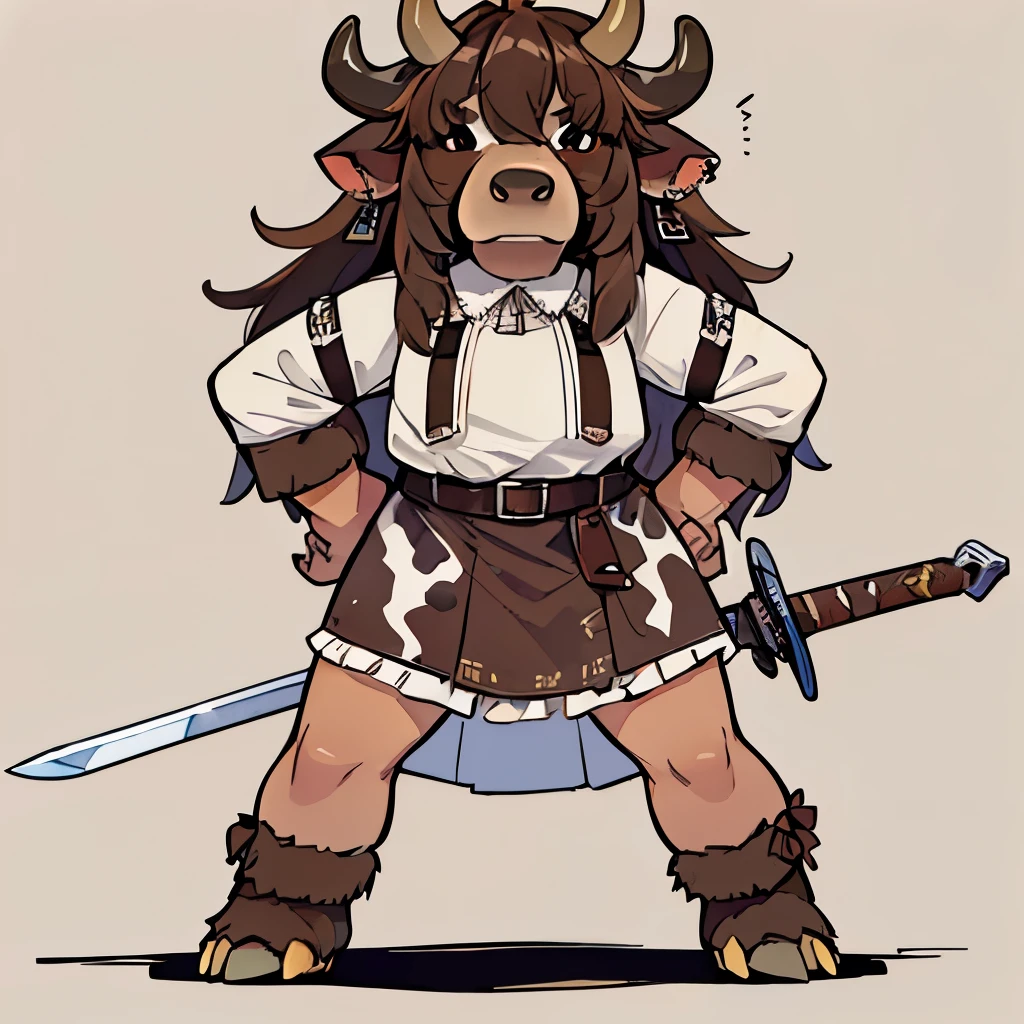 Brown minotaur, ((longsword)), (big), ((scary)), (((hairy))), (((((cow face))))), ((monster)), (((((minotaur))))), ((not human)), full body, bipedal, standing, strong, muscles, ((medieval clothing)), d&d, (medieval), hooves, tall, ((cow)), short shirt, skirt, (closed mouth), (hand on hips), ((medieval blouse)), ((sword on the back)), earrings, piercing, (((dark skin))), (((brown skin)))