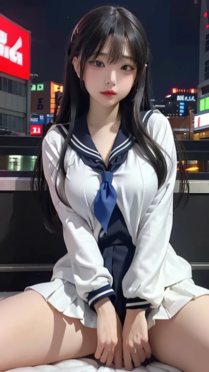 play sports often, (sailor suit:1.2), (cleavage:1.0)、No panties, (Cyberpunk settings: 1.2), compensate,, (1 girl: 1.4), highest quality, masterpiece, (reality: 1.2), young woman, lady, detailed face, fine eyes, fine hair, fine skin, looking at the viewer, dramatic, vibrant, sharp focus, 50mm, f1.2, EOS R8, (3/4 body: 1.2), (With Akihabara in the background: 1.6), (highest qualityの詳細: 1.2), 8K HD,(spread legs:1.2),