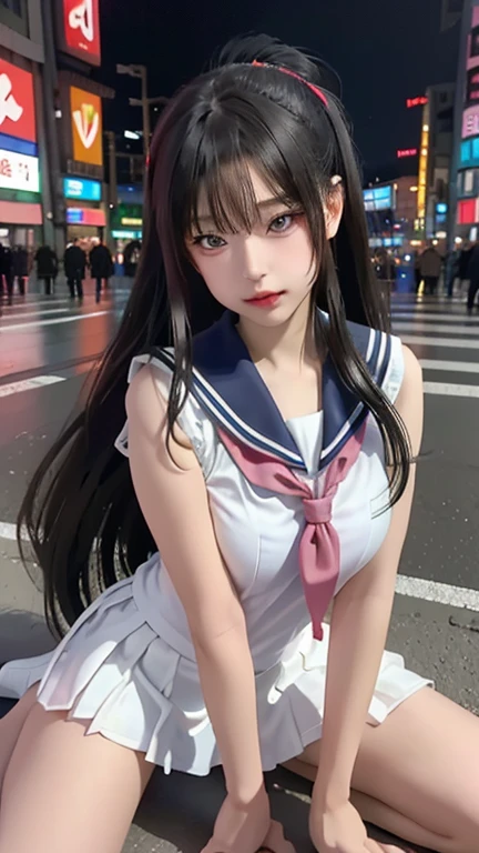 play sports often, (sailor suit:1.2), (cleavage:1.0)、No panties, (Cyberpunk settings: 1.2), compensate,, (1 girl: 1.4), highest quality, masterpiece, (reality: 1.2), young woman, lady, detailed face, fine eyes, fine hair, fine skin, looking at the viewer, dramatic, vibrant, sharp focus, 50mm, f1.2, EOS R8, (3/4 body: 1.2), (With Akihabara in the background: 1.6), (highest qualityの詳細: 1.2), 8K HD,(spread legs:1.2),