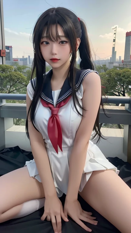 play sports often, (sailor suit:1.2), (cleavage:1.0)、No panties, (Cyberpunk settings: 1.2), compensate,, (1 girl: 1.4), highest quality, masterpiece, (reality: 1.2), young woman, lady, detailed face, fine eyes, fine hair, fine skin, looking at the viewer, dramatic, vibrant, sharp focus, 50mm, f1.2, EOS R8, (3/4 body: 1.2), (With Akihabara in the background: 1.6), (highest qualityの詳細: 1.2), 8K HD,(spread legs:1.2),