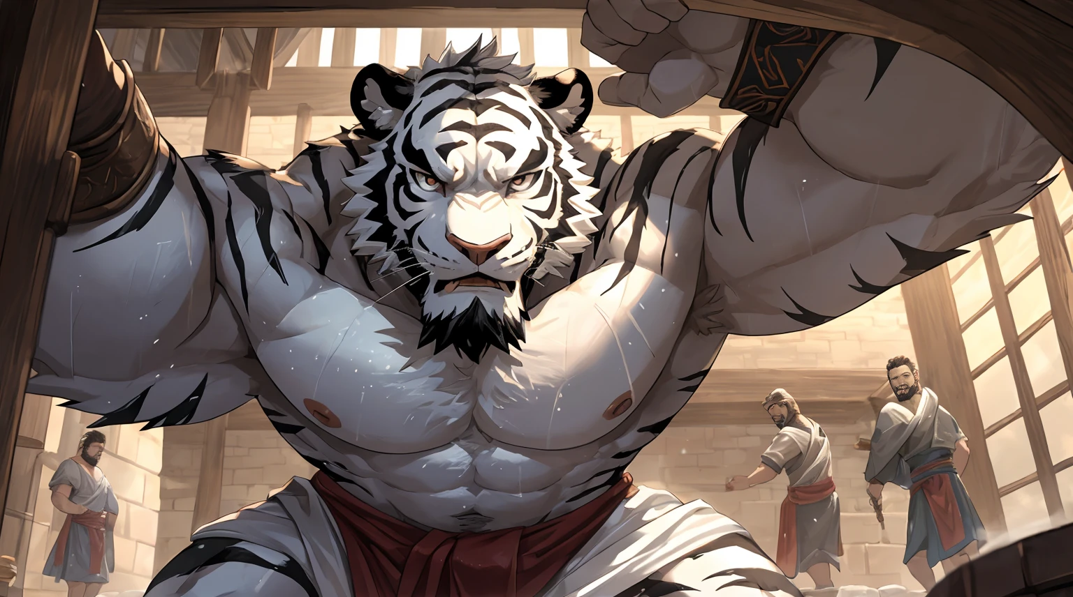 human nature((dramatic))epic, dynamic poses, dynamic angle, a scene in, Extreme perspective and powerful composition, ridiculous, (super detailed), sharp focus, Genji, Eye, black Eye, hairy, white fur, Black and white fur, Blackbeard, human nature (White Tiger), male, middle aged, white body, white belly, muscular, super detailed face, (delicate Eye), 1 boy, Take a shower in a medieval bathhouse, Use of towels, naked, （Dick 1.2）motion blur, (best quality), (masterpiece), high detail, high quality, Award-winning, high resolution, HD, 16k, Yes, (close up:1.5)