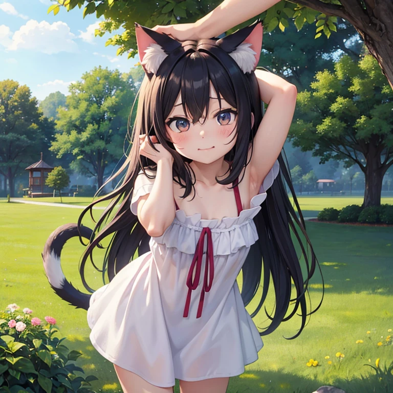 score_9, score_8_up, score_7_up, score_6_up, score_5_up, score_4_up, source_anime, 1girl, cat ears, cat tail, streaked hair, young, cute, smug, standing, male pov, headpat, hand on another's head, outdoors, detailed background,Naked,ランダムポーズ,しゃがんでポージング