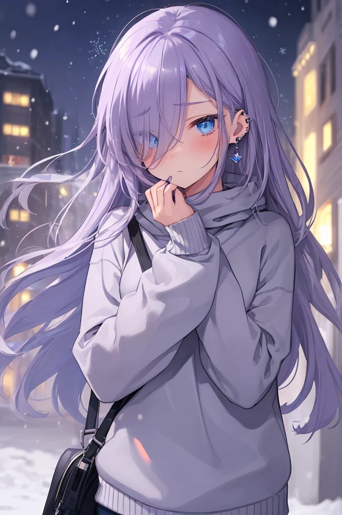((masterpiece:1.4, best quality:1.2)), 1girl, solo focus, beautiful skin, blush, grey sweatshirt, long Violet hair, blue eyes, earrings, Hands piercing, night, snowing, cityscape, tall female, beautiful and delicate female, comfy ambience, {detailed background}, hair over one eye, shy, sexy female genitalia