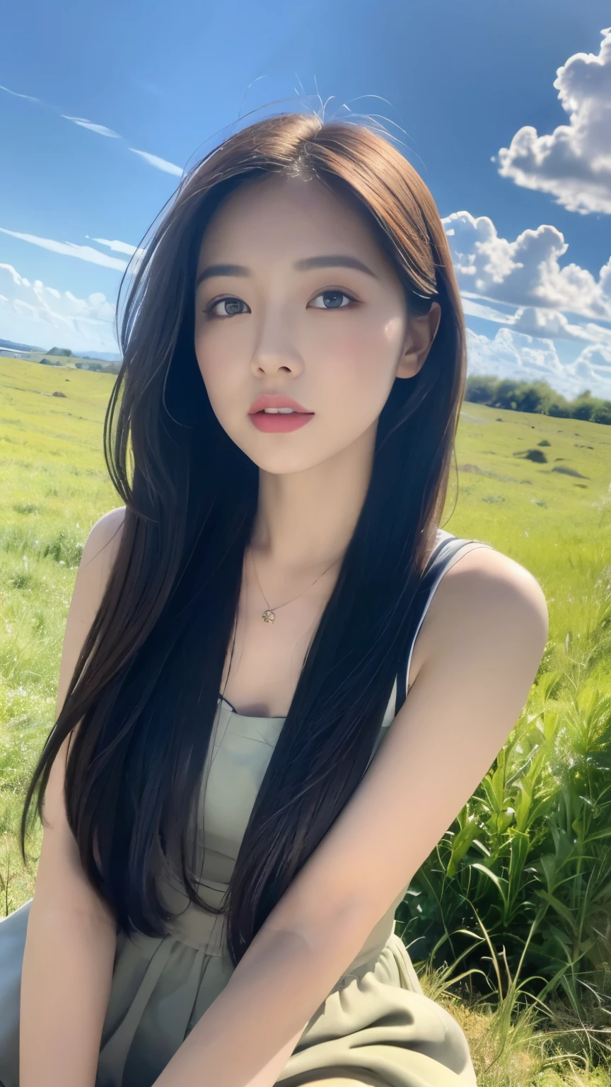((best quality, 8k, masterpiece:1.3)), a beautiful girl, pure, oval face, Gentle and cute, lose weight, (frontal lobe), (Tilted head), looking directly at camera, , Heart, formal, Long straight black silky hair, Long hair flowing shoulders, Big, round, black eyes, clear big eyes, Moist red lips, Sweet, Sitting on the Steppe, Sunlight, Blue sky and white clouds, grassland background,