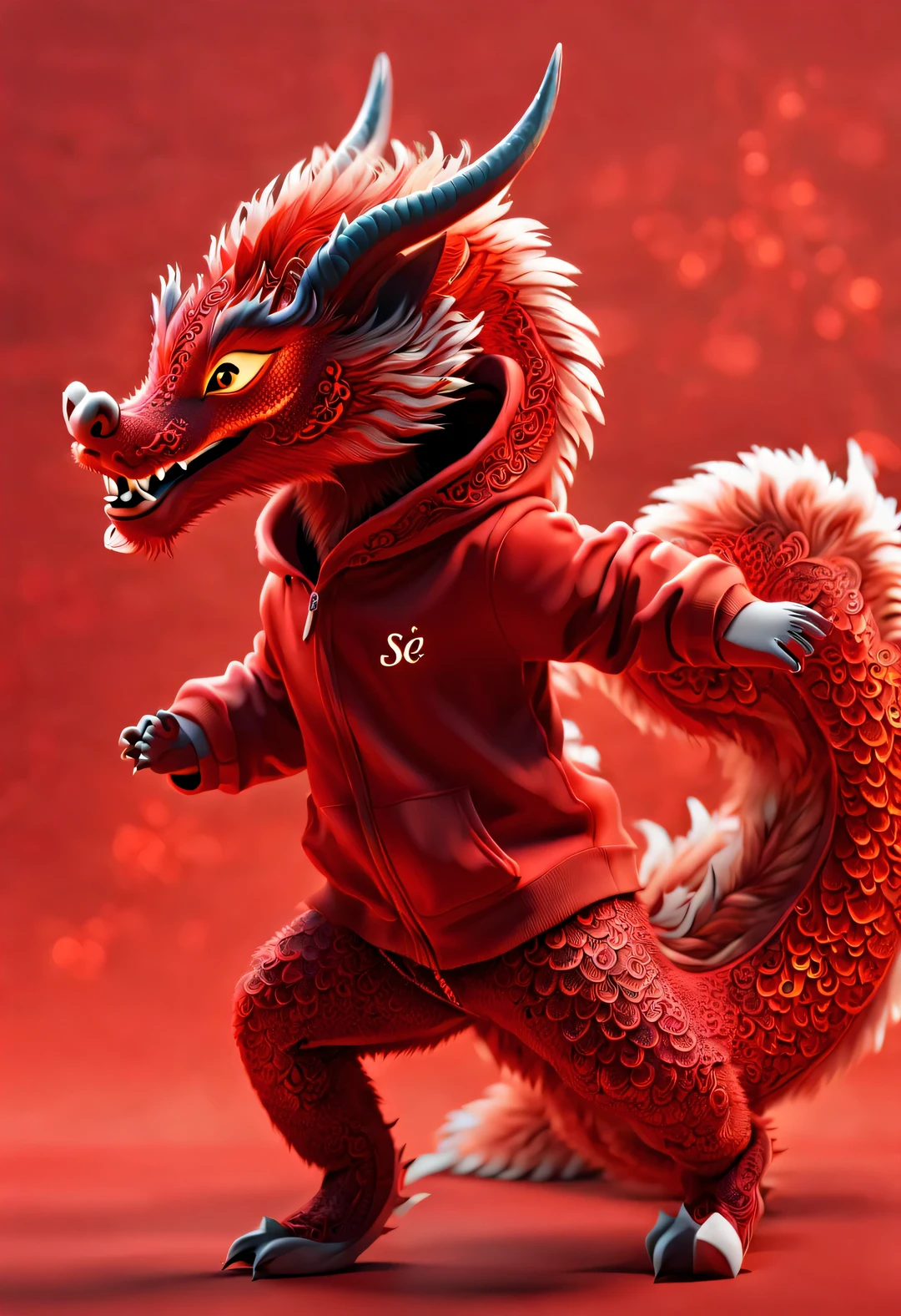 3d rendering, realistic fur, red wallpaper, Simple modern style, beautiful wallpaper, Naughty red and orange zodiac dragon baby dancing mischievously, (frontal portrait), (looking at camera), Beijing, 🦑 design (Wearing an embroidered hoodie), (Lettering printed on hoodie "Haiyi Artificial Intelligence": 1.37)