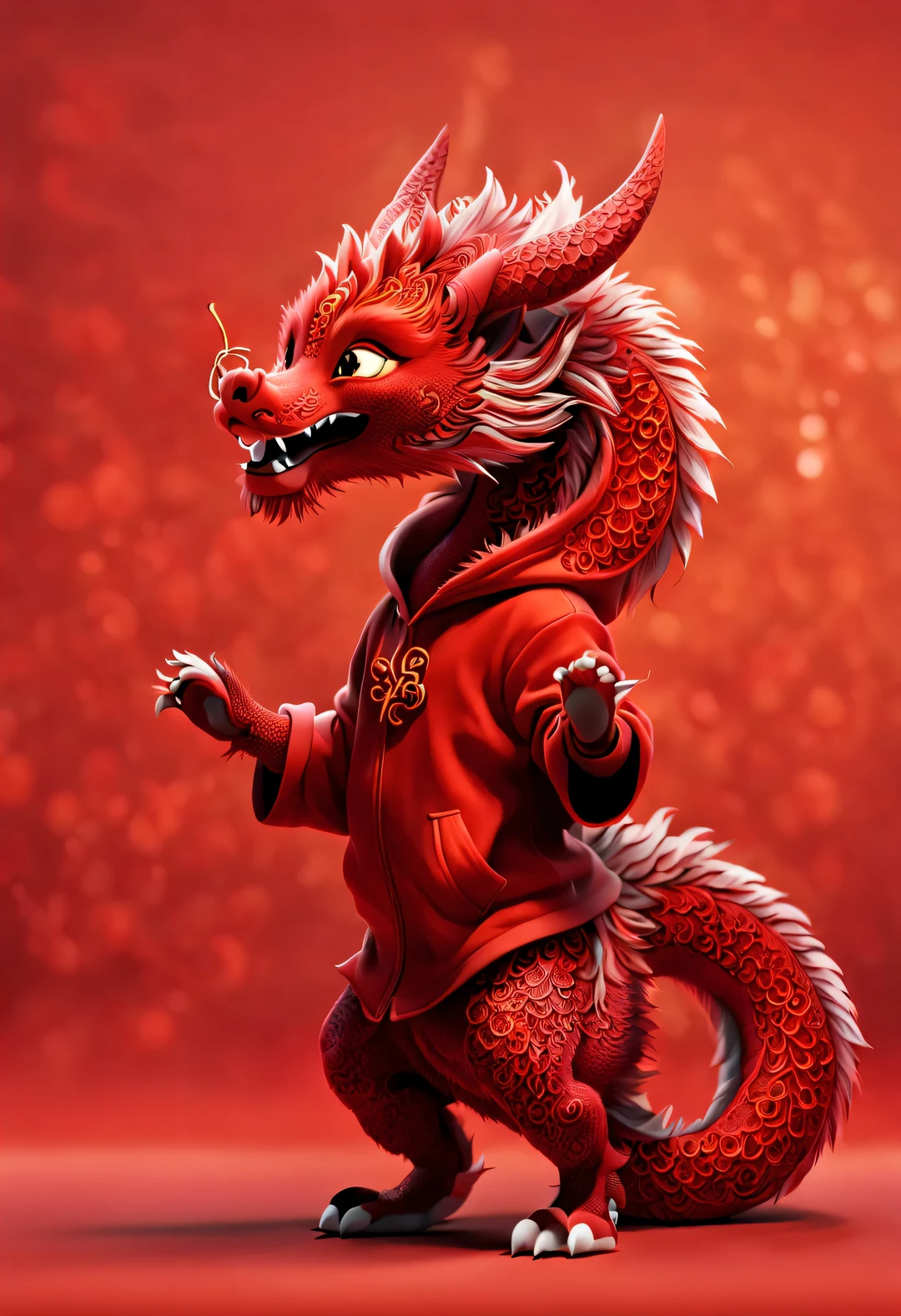 3d rendering, realistic fur, red wallpaper, Simple modern style, beautiful wallpaper, Naughty red and orange zodiac dragon baby dancing mischievously, (frontal portrait), (looking at camera), Beijing, 🦑 design (Wearing an embroidered hoodie), (Lettering printed on hoodie "Haiyi Artificial Intelligence": 1.37)