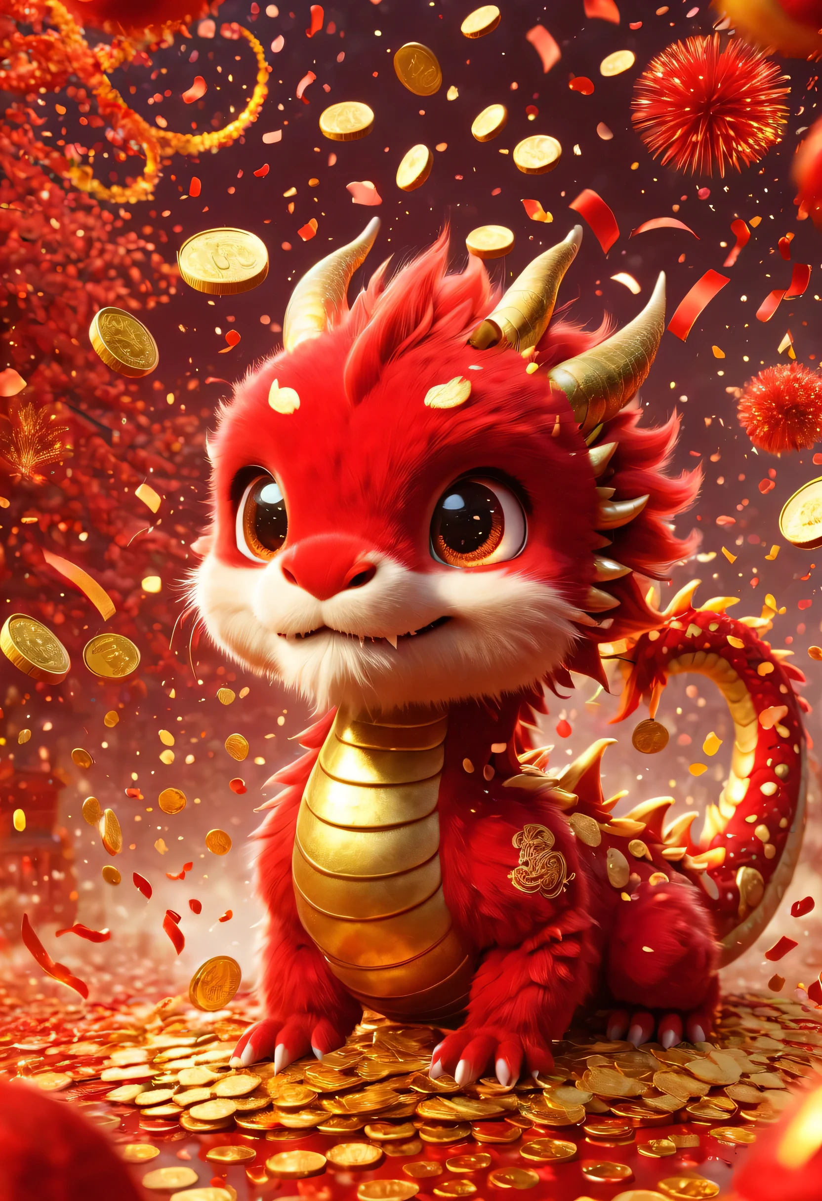 Chinese illustration：Lovely，Oriental dragon portrait，big furry head，hairy body，Many gold coins burst out from firecrackers，Red and gold confetti flying in the sky，Gold coin rain，A strong festive atmosphere，It was very lively。