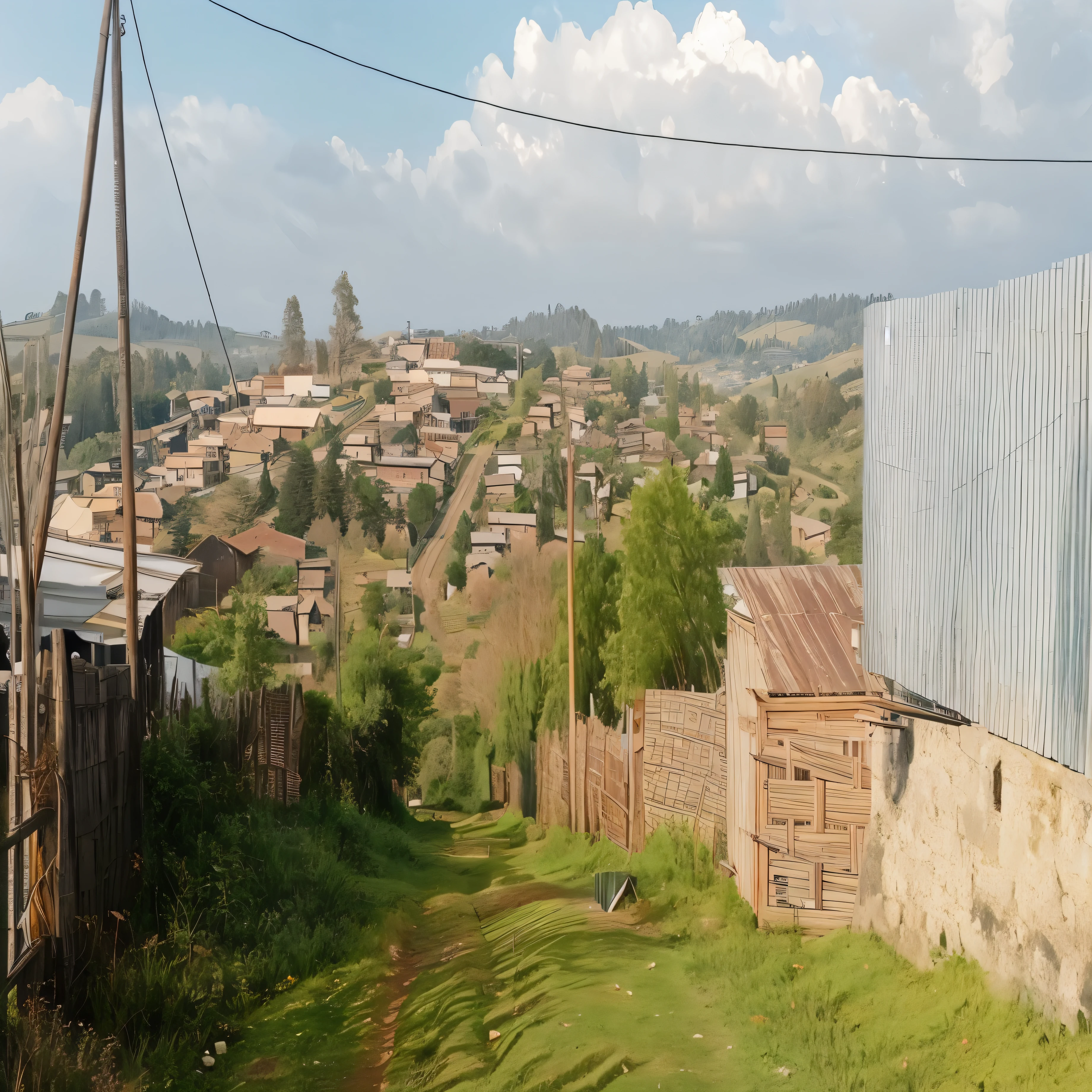 there is a small town with a fence and a fenced in area, village in the background, urban view in the distance, some houses in the background, old village in the distance, grass field surrounding the city, surrounding the city, town in the background, view of villages, hills in the background, from the distance, above a village, seen from afar. enhance this town 10 years ahead of now