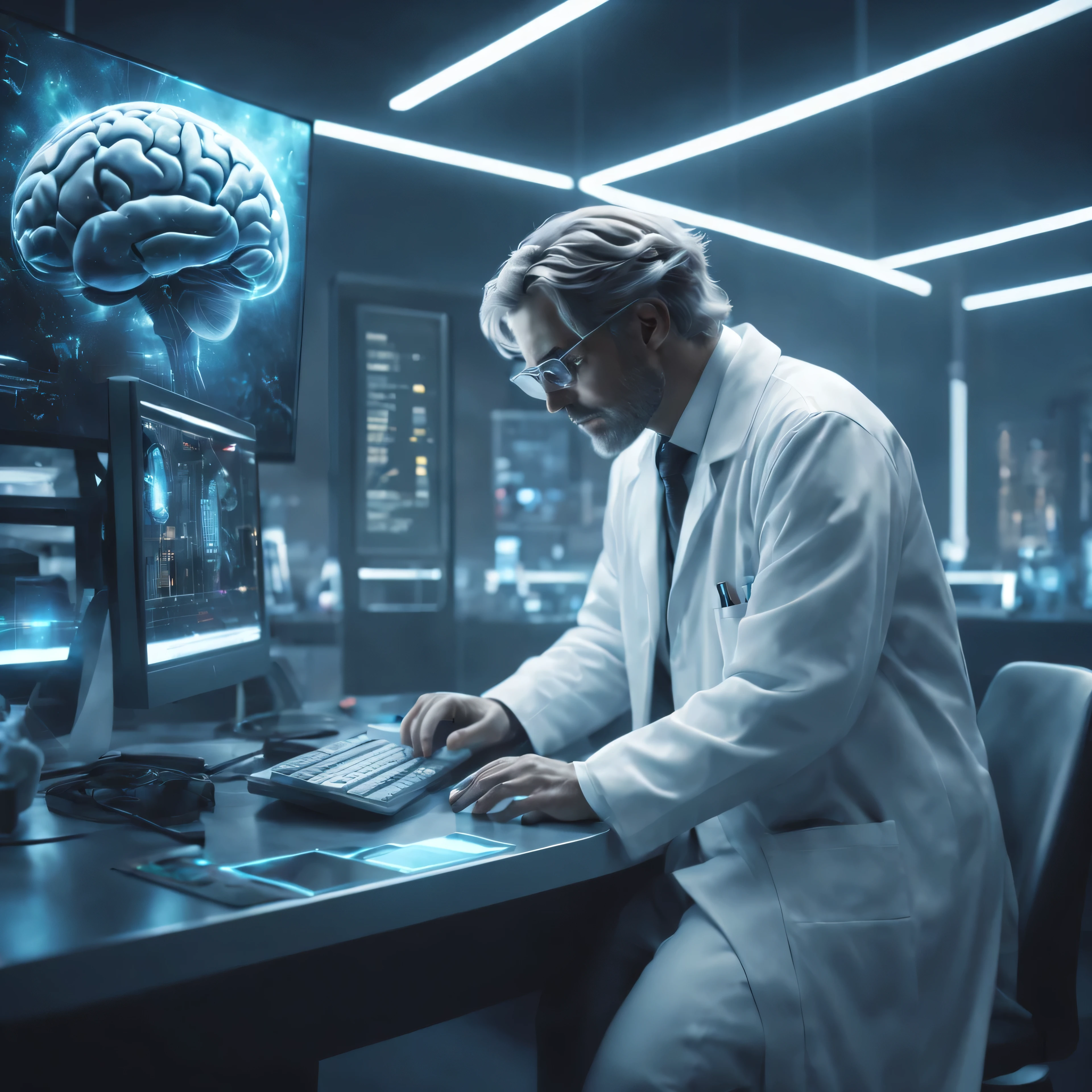 a man in a lab coat looking at a computer screen, ai researcher, matte painting of human mind, futuristic scientific laboratory, cyberpunk art ultrarealistic 8k, brain connected to computer, 8 k high detail concept art, future science fiction. game cg, 8k hd concept art, 8 k concept art, 8k concept art