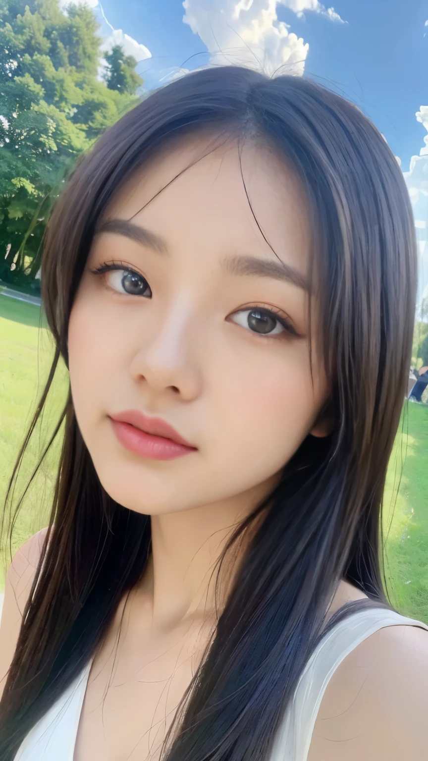((best quality, 8k, masterpiece:1.3)), a beautiful girl, pure, oval face, Gentle and cute, lose weight, (frontal lobe), (Tilted head), looking directly at camera, , Heart, formal, Long straight black silky hair, Long hair flowing shoulders, Big, round, black eyes, clear big eyes, Moist red lips, Sweet, Sitting on the Steppe, Sunlight, Blue sky and white clouds, grassland background,
