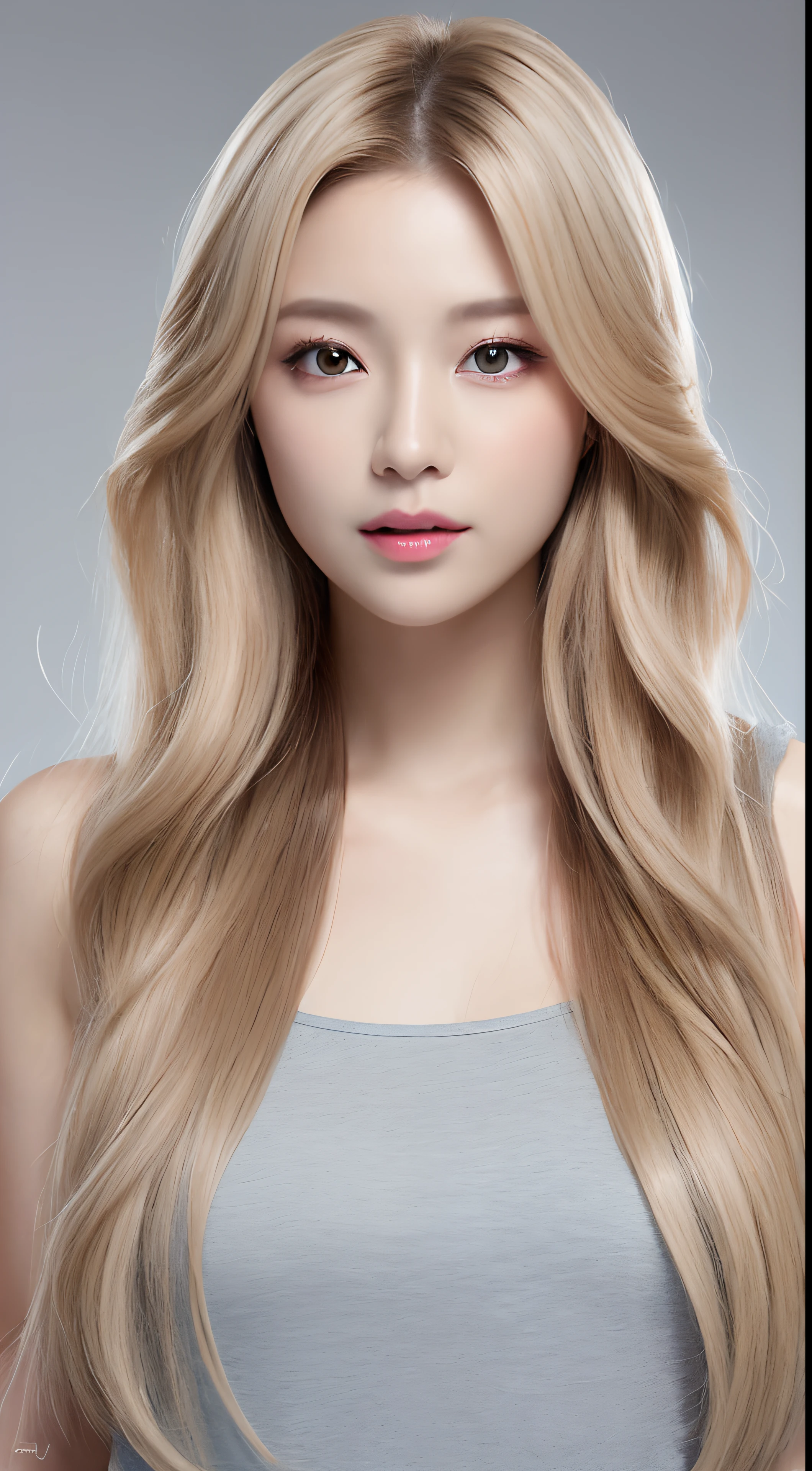 ((Realistic lighting、top quality、8k、​Masterpiece:1.3))、clear focus:1.2、1 girl in、flawless beauty:1.4、、Neat and clean clothes、one piece clothing、Super thin face、narrow eyes、double eyelids、movie-like lighting、Photorealistic、28 years old、Face looks like a Korean pop idol、White background、gray background、mature woman、Elegant makeup、Pull angle、hair length、long hair、long hair、blonde hair、Light hair color、straight hair